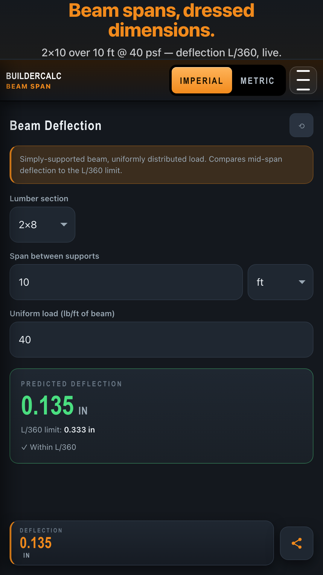 BuilderCalc — Beam span deflection check