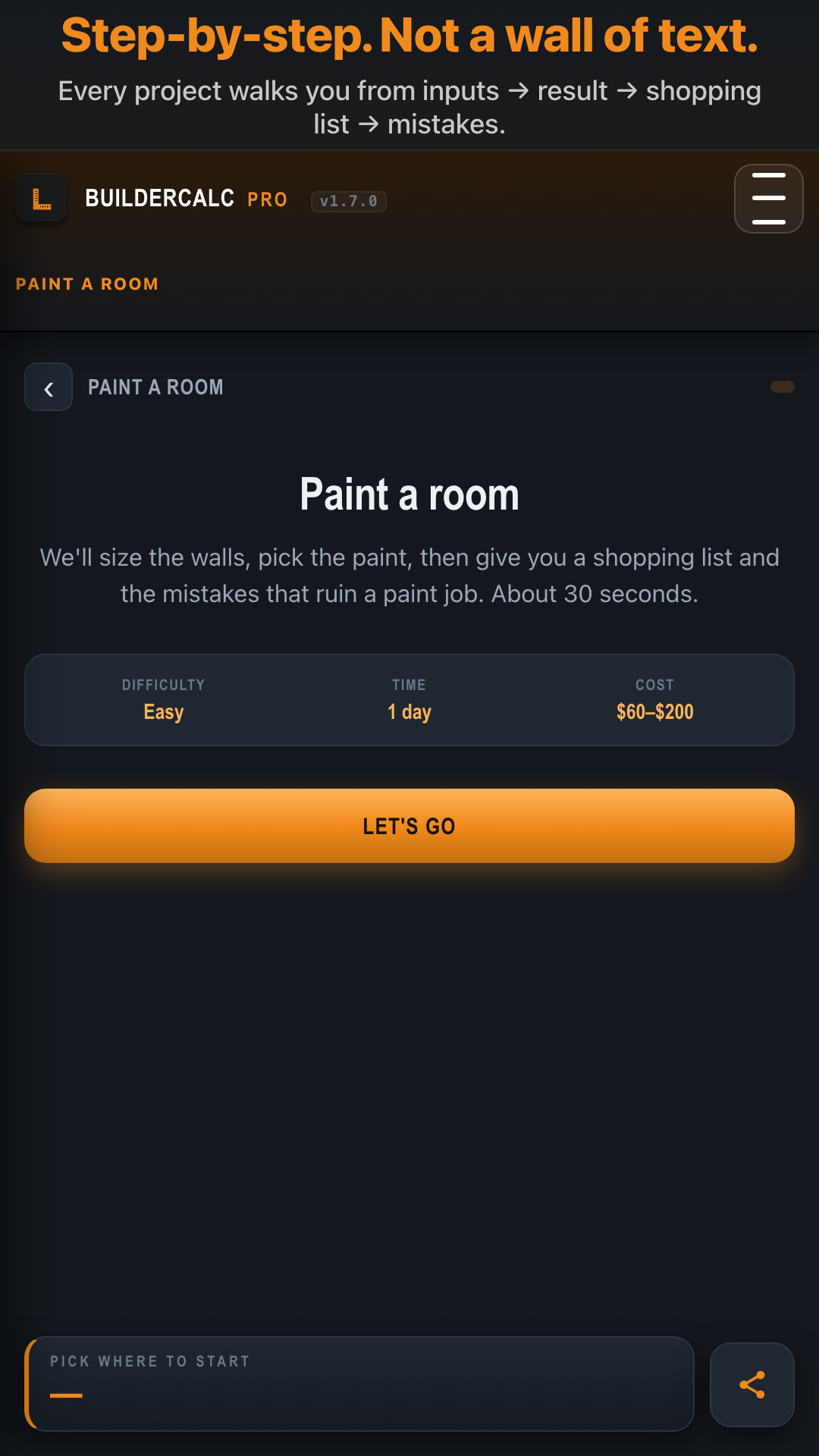 BuilderCalc - Project flow intro screen for Paint a Room, showing time / cost / difficulty meta and Let's Go CTA