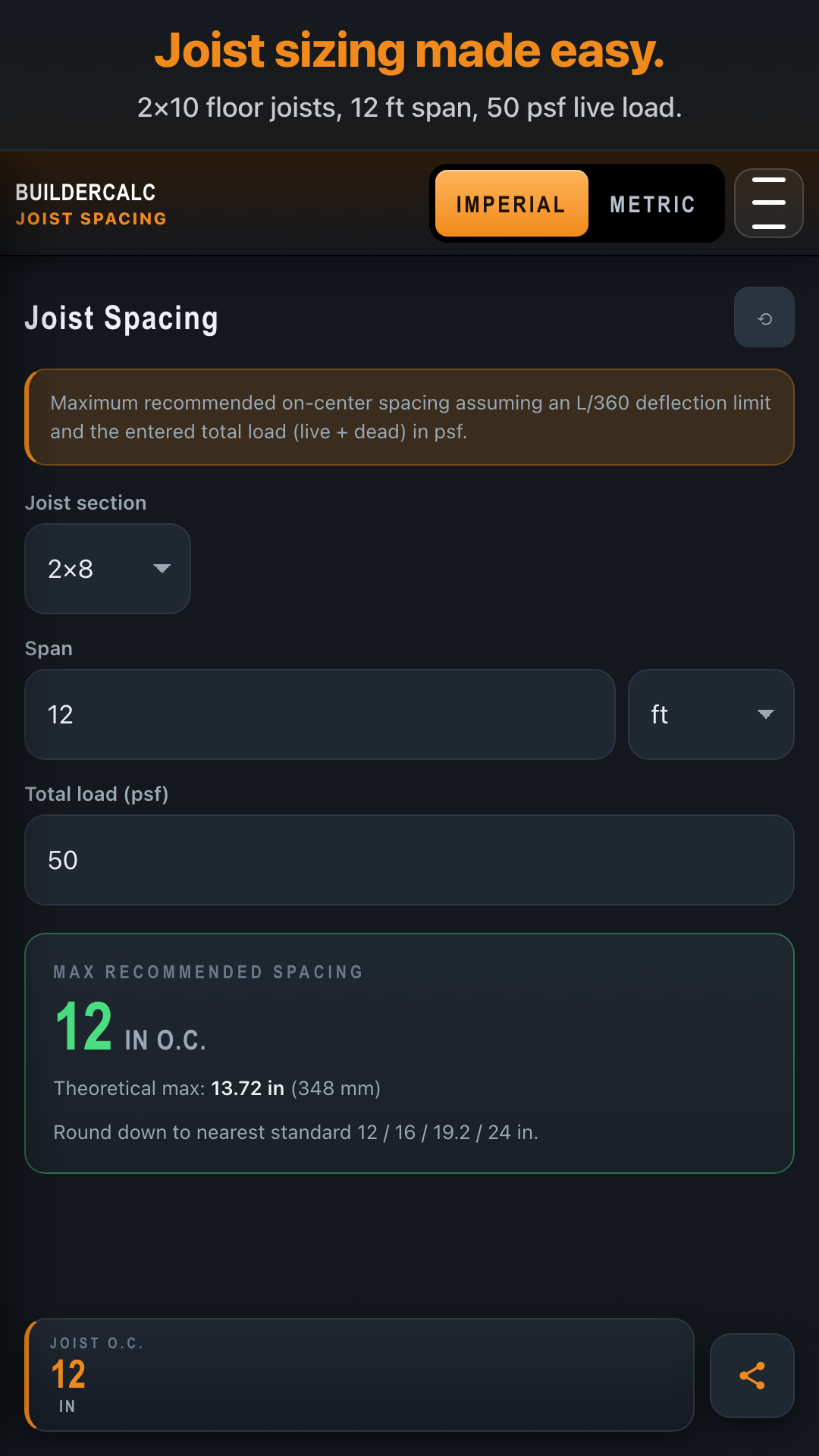 BuilderCalc — Joist spacing and count