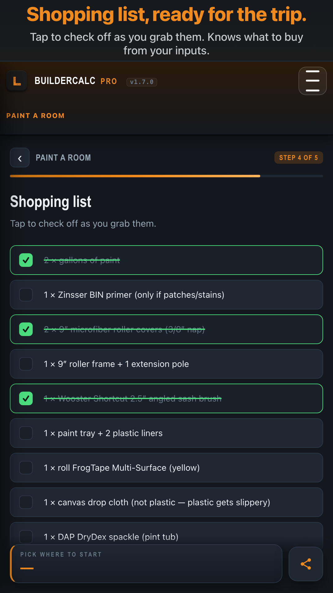 BuilderCalc - Tap-to-check shopping list scoped to user's inputs, with several items already checked off and struck through