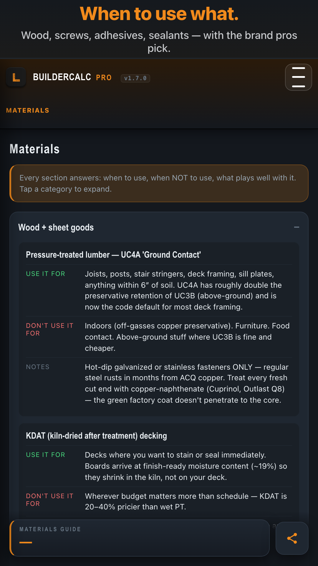 BuilderCalc - Materials reference cards with brand picks: Loctite PL Premium, Sashco Big Stretch, GRK R4, Simpson SDWS