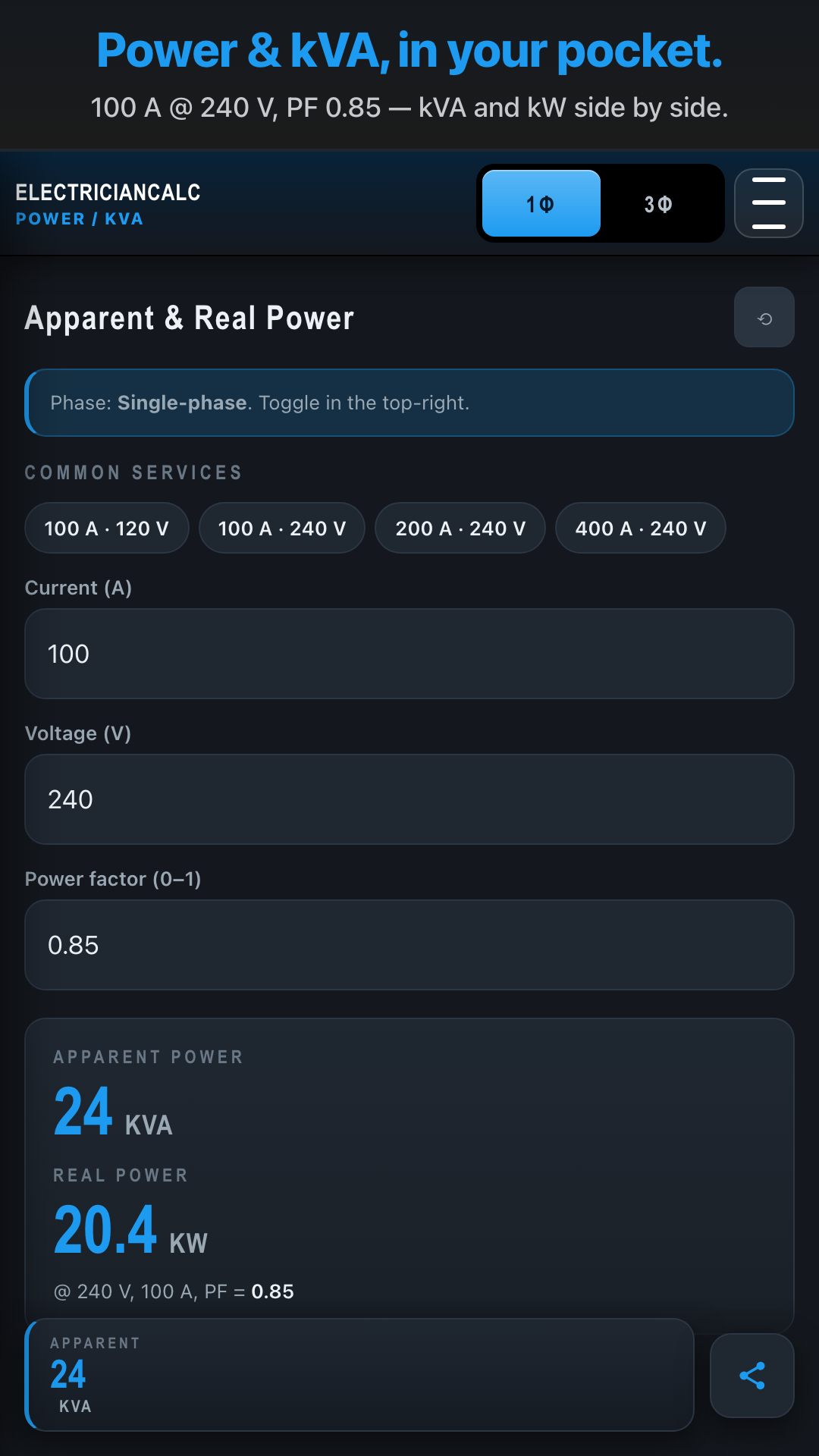 ElectricianCalc — Power and kVA calculator