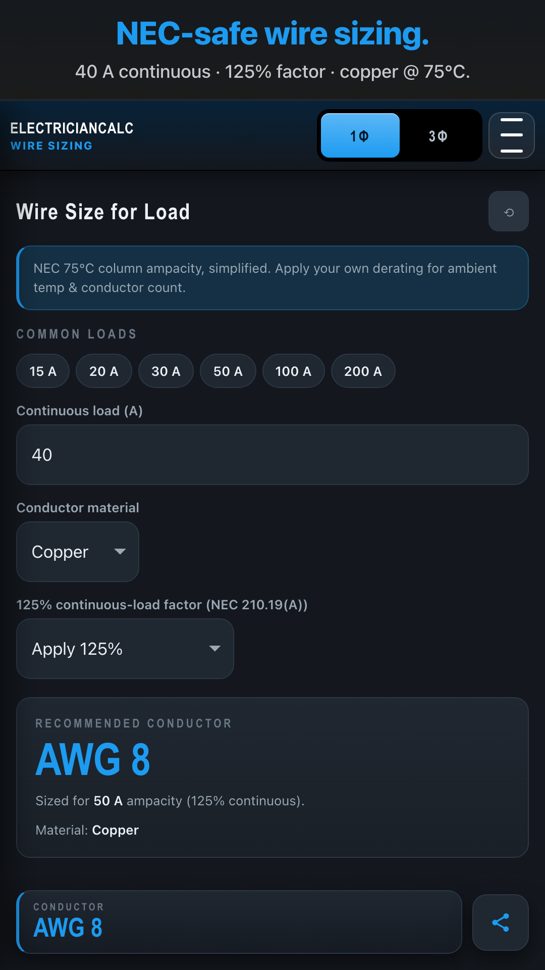 ElectricianCalc — Wire sizing with NEC 310.15 derating