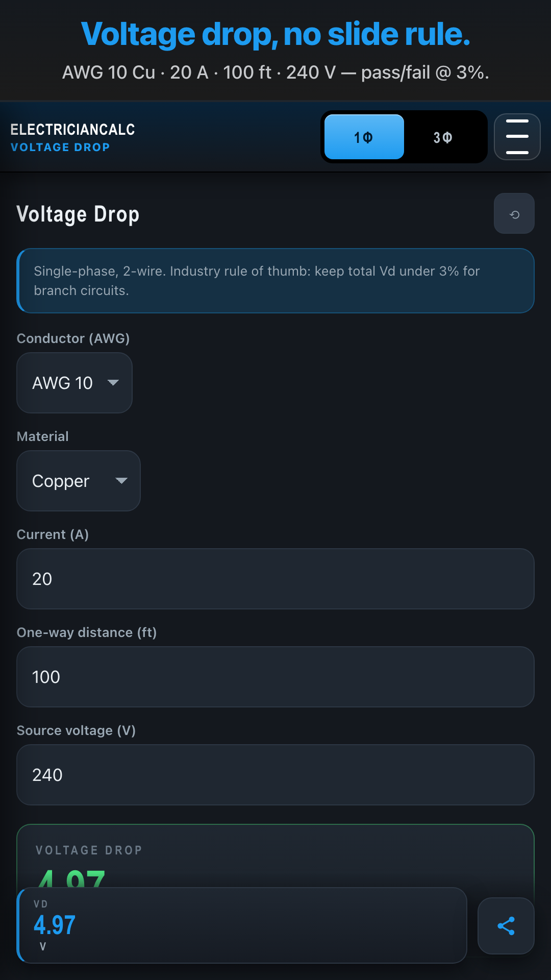 ElectricianCalc — Voltage drop, CMA + Ch. 9 Table 9