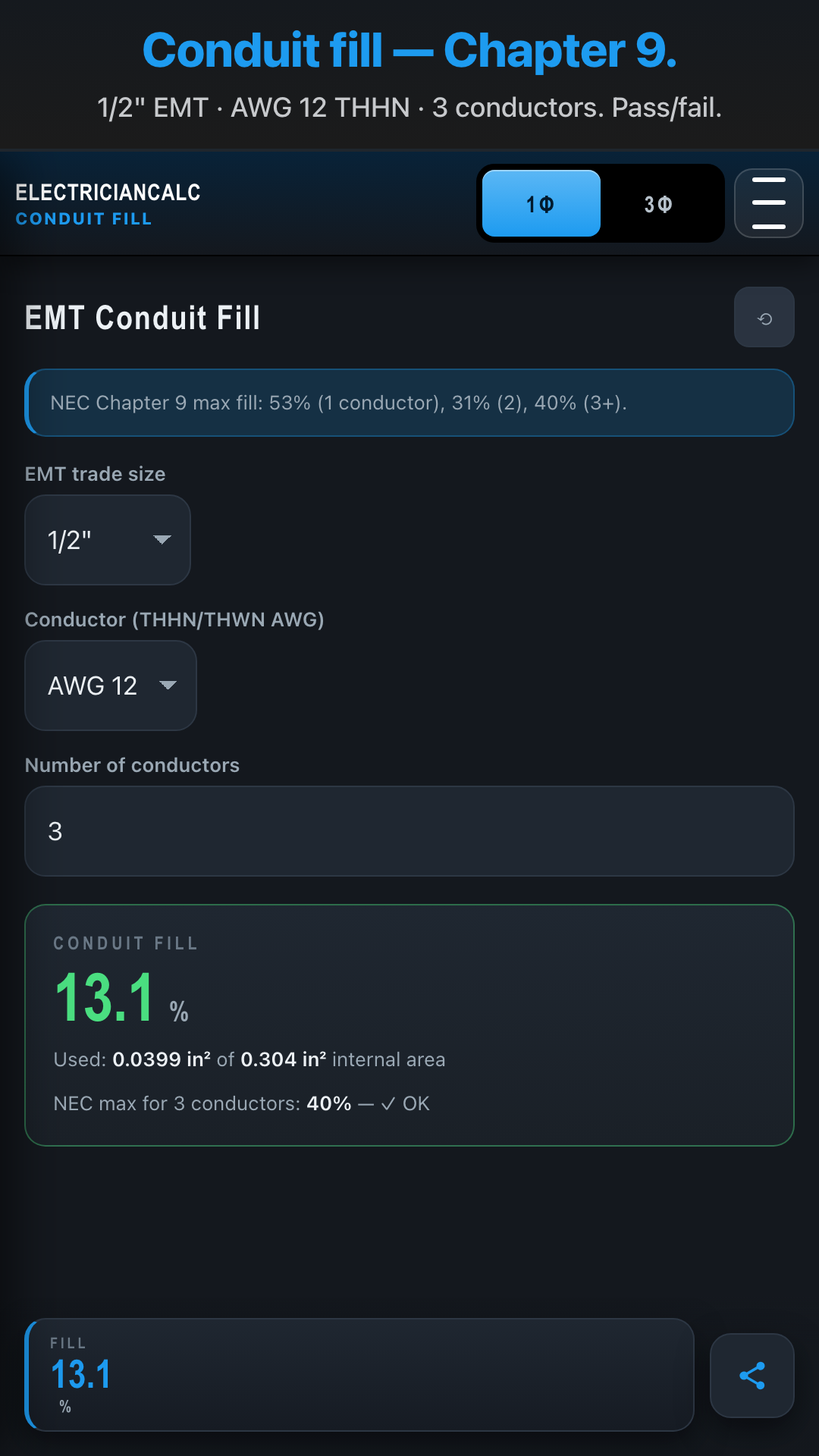ElectricianCalc — Conduit fill, mixed conductors (Pro)