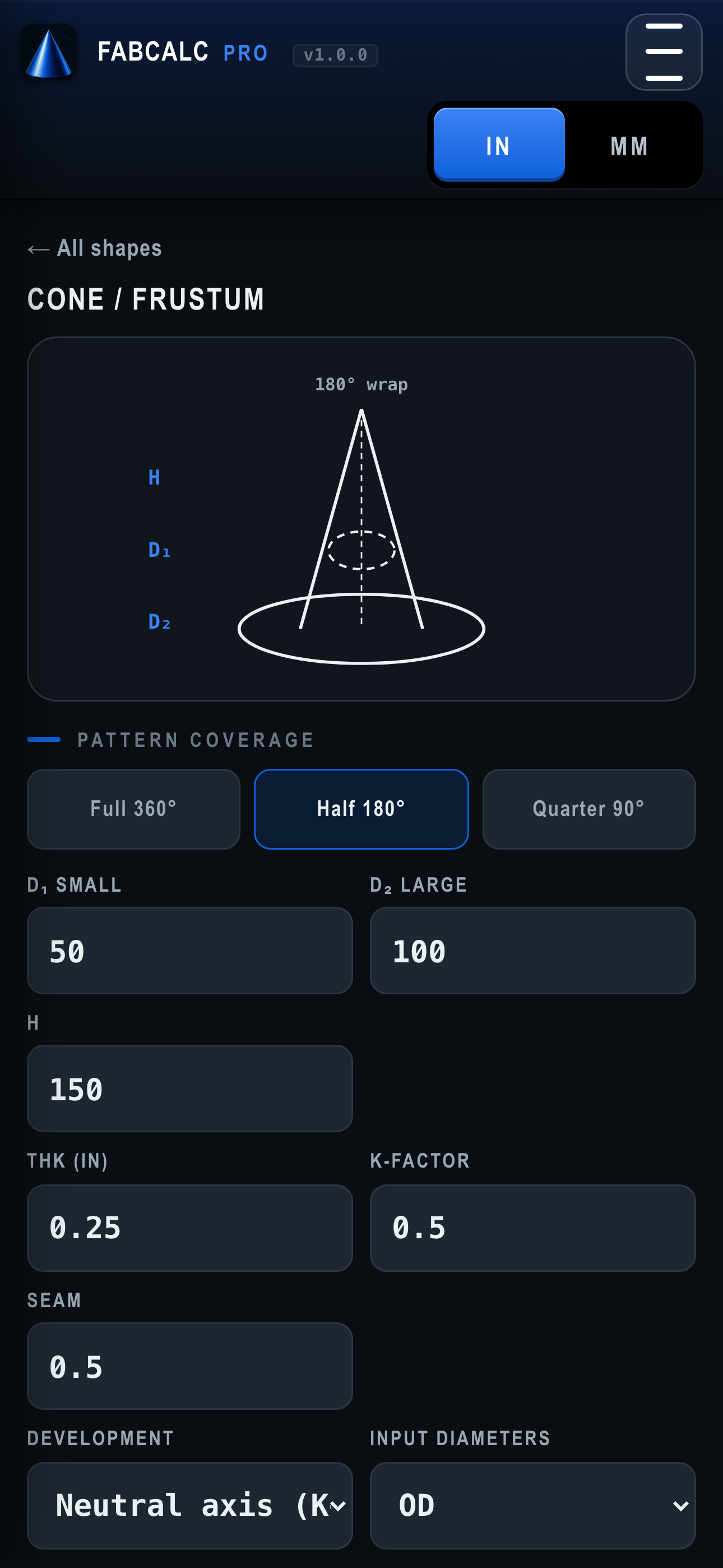 FabCalc - cone inputs + flat-pattern preview