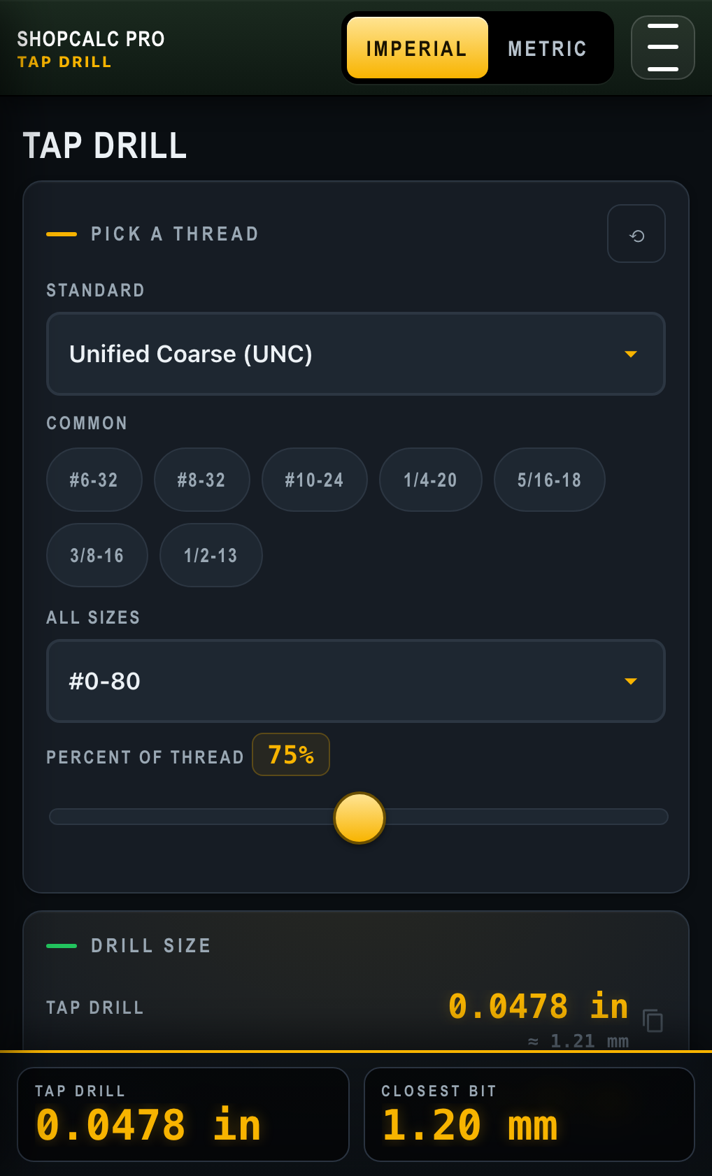 ShopCalc — Tap Drill chart