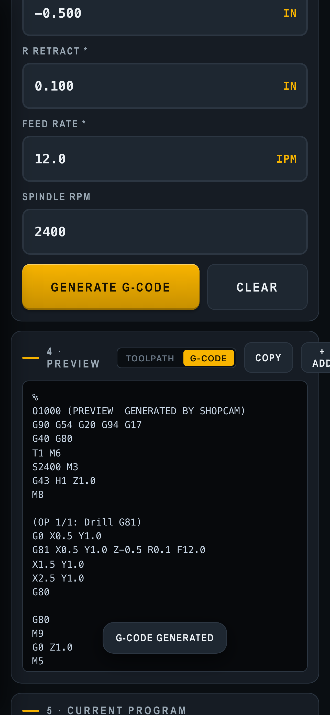 ShopCAM generated G-code preview for a drill operation