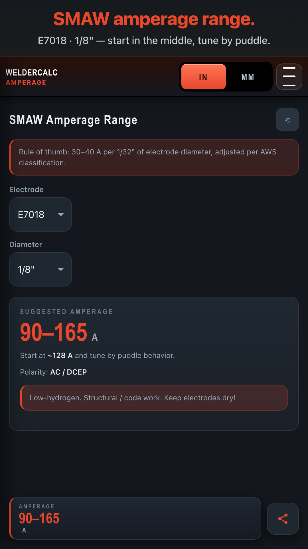 WelderCalc — SMAW amperage calculator