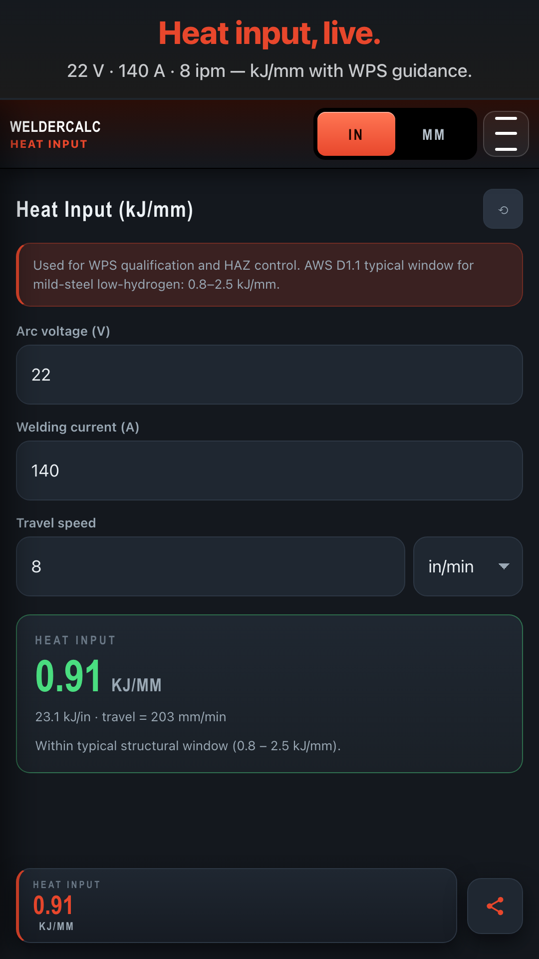 WelderCalc — Heat input + travel speed