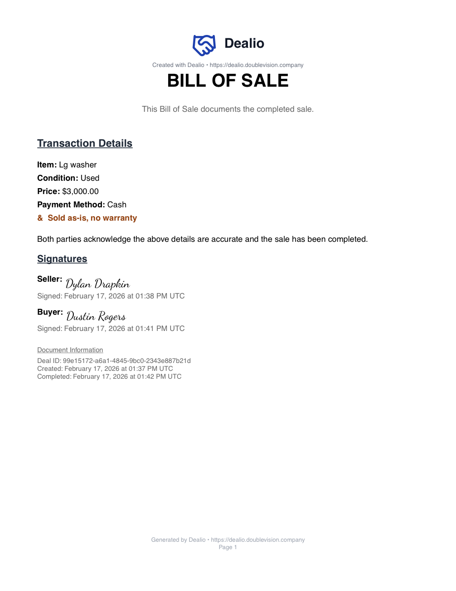 Example Dealio PDF preview (real Dealio output)
