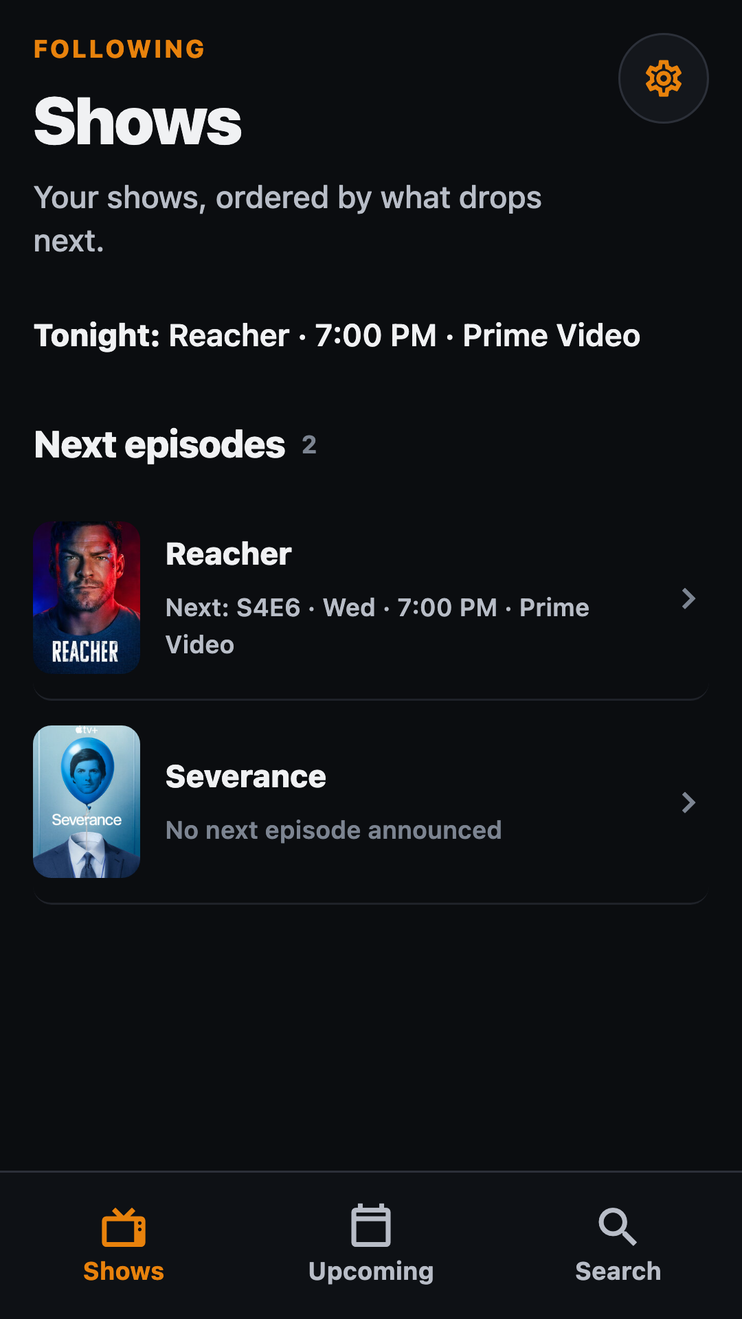 Episodely shows list with upcoming episode dates and streaming services