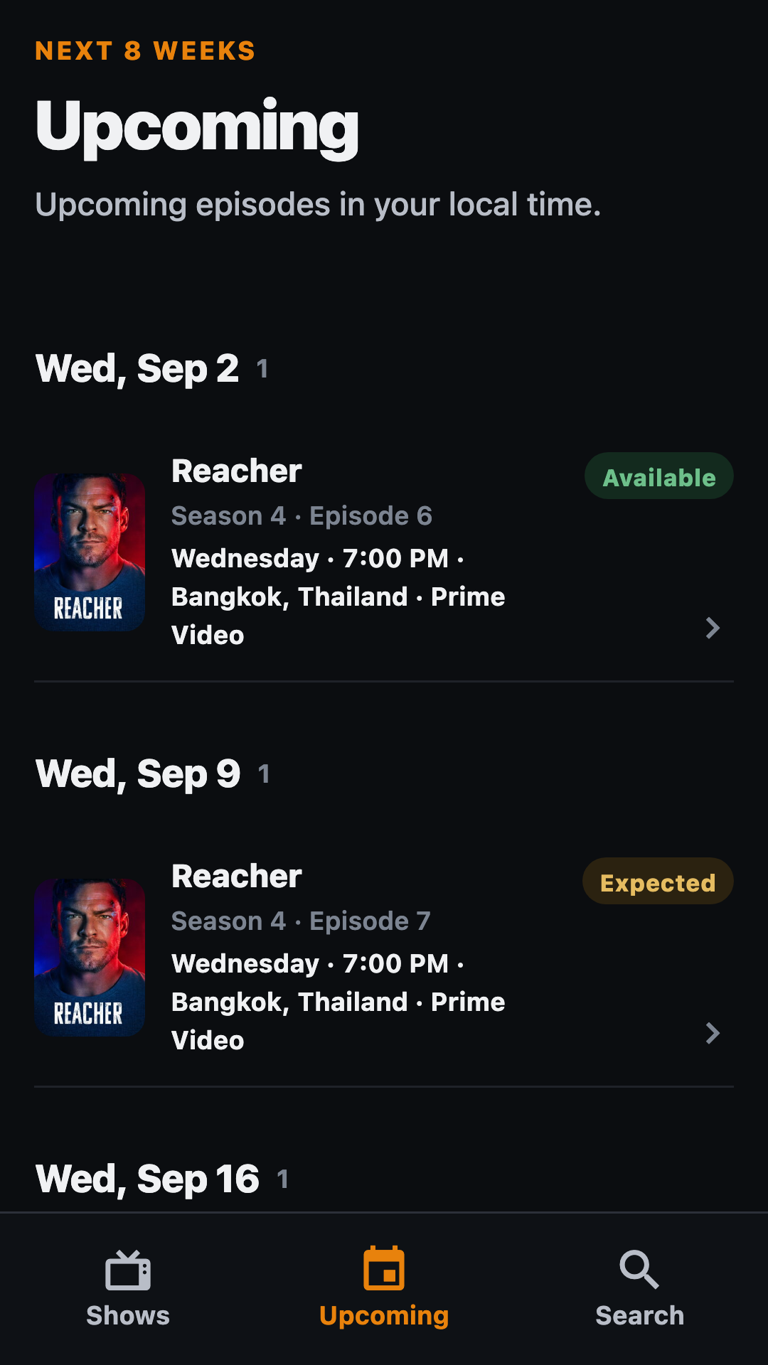 Episodely upcoming episodes calendar view with show times