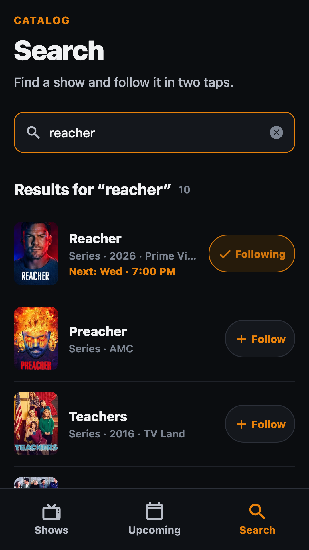Episodely search screen for finding and adding TV shows