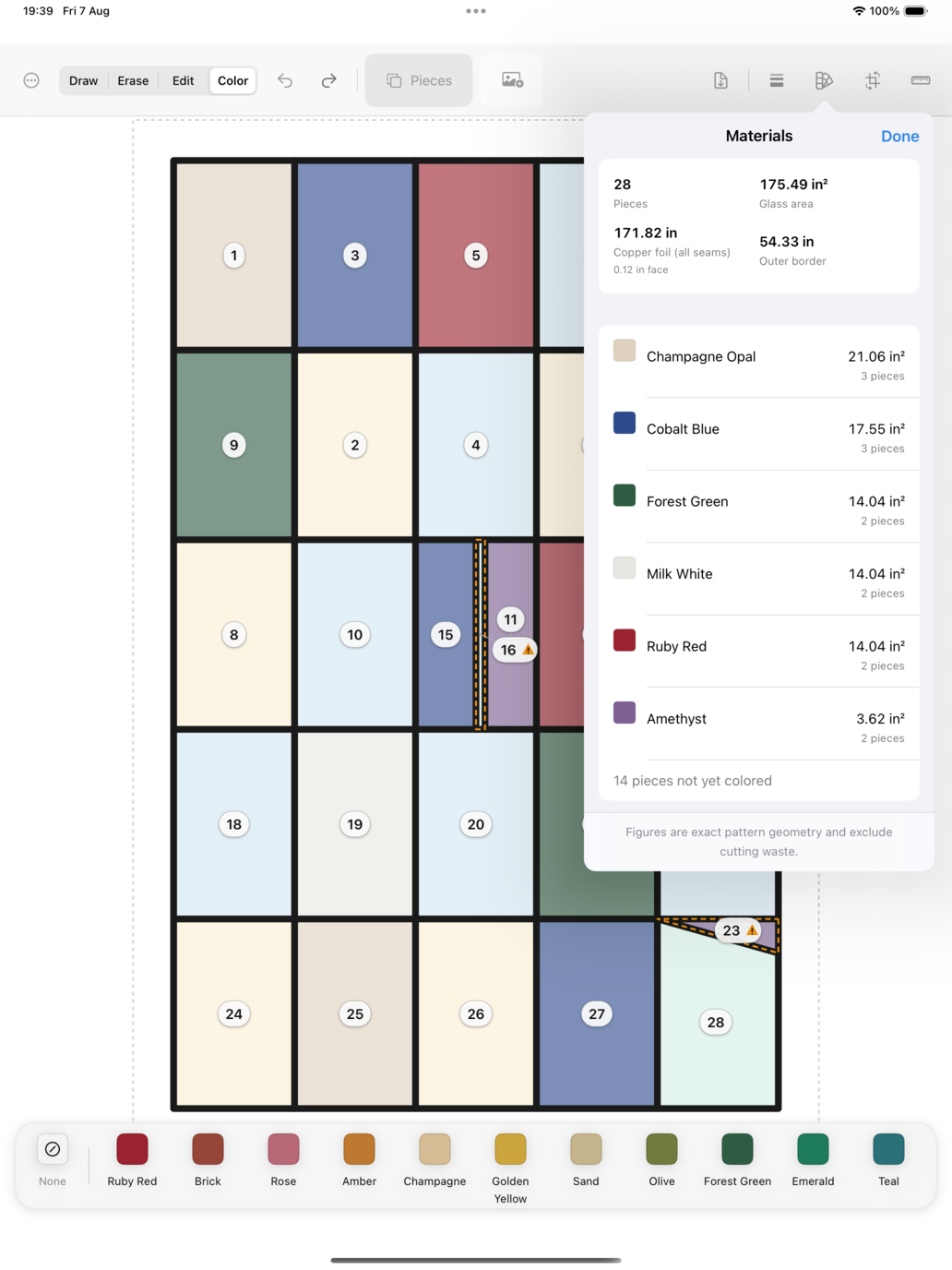 GlassPattern materials list with glass area totals by color