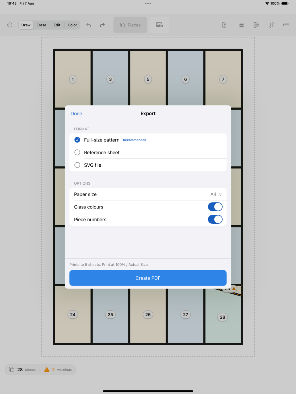 GlassPattern full-size tiled PDF export sheet