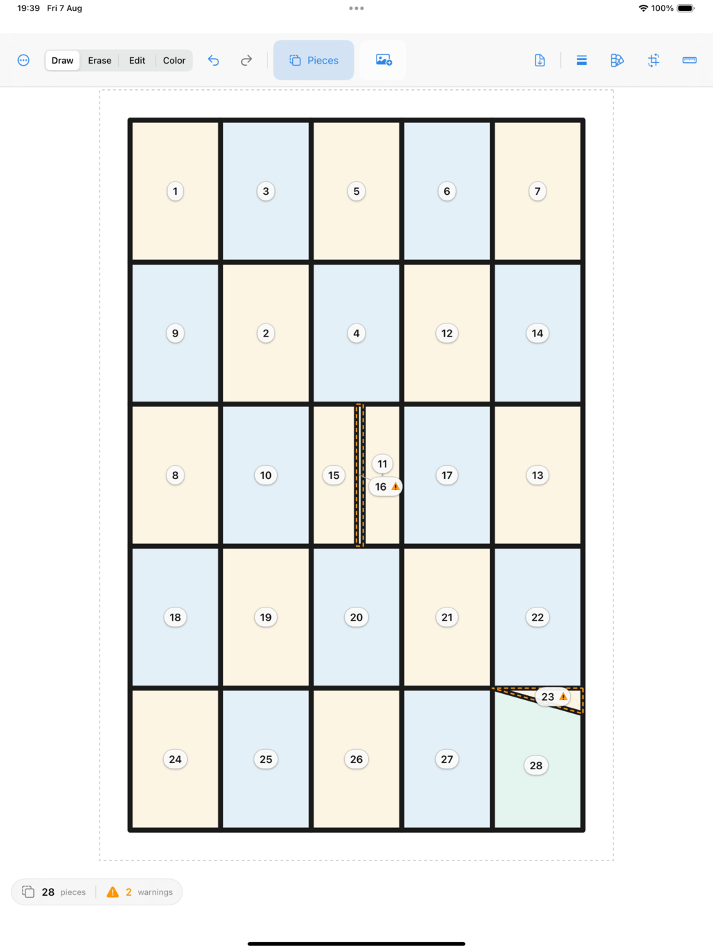 GlassPattern drawing view showing sliver and sharp-corner warnings